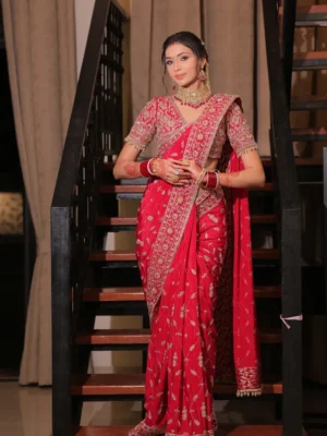 Crimson Hand-Embroidered Saree Set