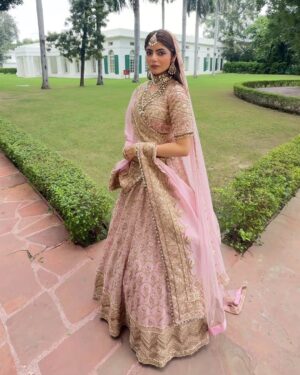 Blush Pink & Gold Bridal Embroidered Lehenga Set