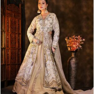Champagne Gold Embroidered Anarkali Set with Jacket & Dupatta