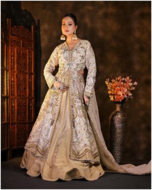 Champagne Gold Embroidered Anarkali Set with Jacket & Dupatta