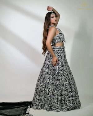 Black & Ivory Floral Embroidered Lehenga Set