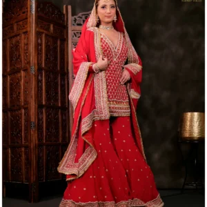 Bridal Red Embroidered Kurta & Sharara Set with Dupatta