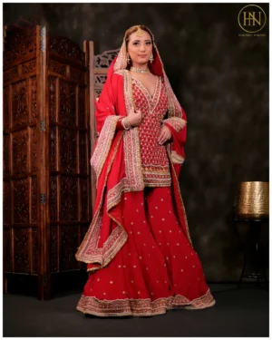 Bridal Red Embroidered Kurta & Sharara Set with Dupatta