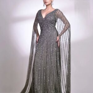 Steel Grey Embellished Cape Sleeve Evening Gown