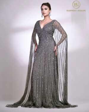 Steel Grey Embellished Cape Sleeve Evening Gown