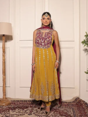 Mustard & Wine Embroidered Anarkali Set