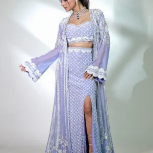 Lavender Embroidered Skirt Set with Sheer Cape