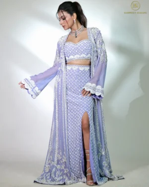 Lavender Embroidered Skirt Set with Sheer Cape