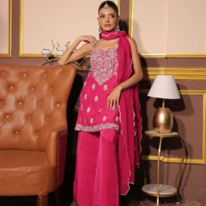 Fuchsia Pink Embroidered Kurta & Sharara Set
