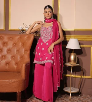 Fuchsia Pink Embroidered Kurta & Sharara Set