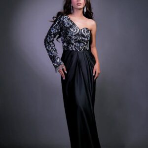 Black & Silver One-Shoulder Embroidered Evening Gown