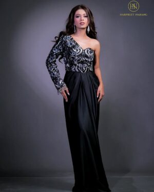 Black & Silver One-Shoulder Embroidered Evening Gown
