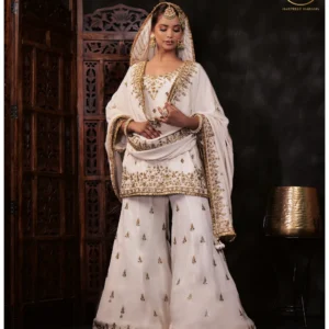 Ivory Embroidered Kurta & Sharara Set with Dupatta