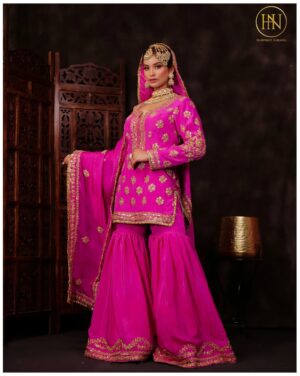 Rani Pink Embroidered Kurta & Sharara Set with Dupatta