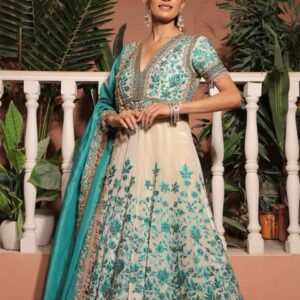 Ivory & Teal Embroidered Lehenga Set