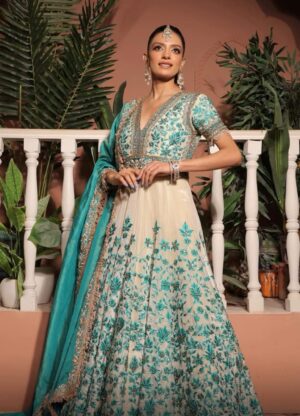 Ivory & Teal Embroidered Lehenga Set