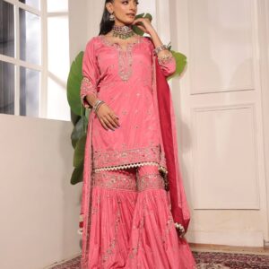 Embroidered Pink Kurta & Sharara Set with Dupatta