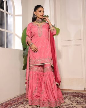 Embroidered Pink Kurta & Sharara Set with Dupatta