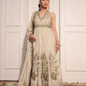 Embroidered Ivory Halter Anarkali with Dupatta