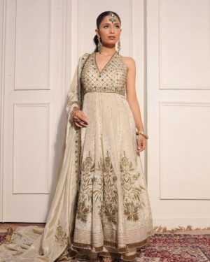 Embroidered Ivory Halter Anarkali with Dupatta