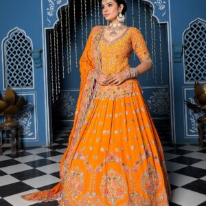 Orange Embroidered Lehenga Set with Dupatta