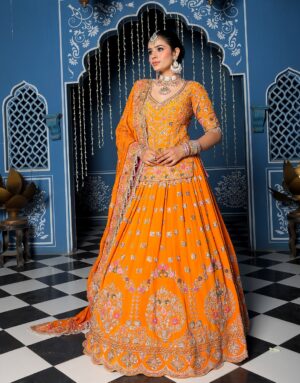Orange Embroidered Lehenga Set with Dupatta
