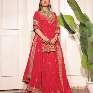 Embroidered Red Kurta & Sharara Set with Dupatta