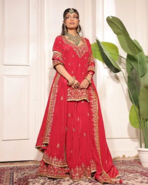 Embroidered Red Kurta & Sharara Set with Dupatta